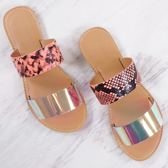 HOLOGRAPHIC PINK SNAKE CLEAR STRAPPY FLAT SANDALS - Picture 1 of 1